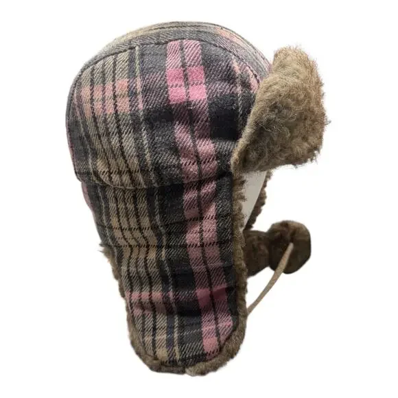 Pink Plaid Faux Fur Trapper Hat Ear Flap Pom Pom Cozy Winter Y2K - Picture 3 of 5